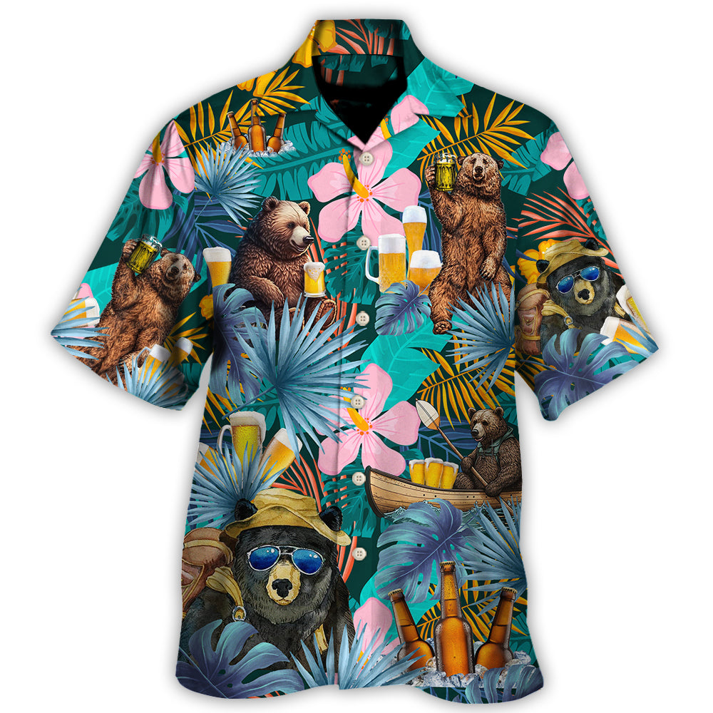 Funny Camping Bear Beer Sitting Woods Hawaiian Shirt Collar And Front View For Thoughtful Gifting