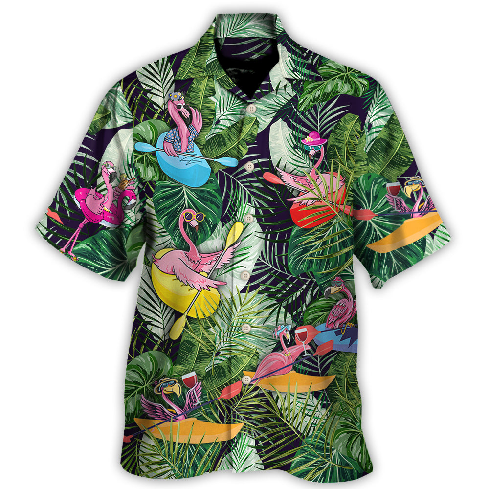 Tropical Funny Kayaking Flamingo Water Hawaiian Shirt Detailed Pattern View For Outdoor Gatherings