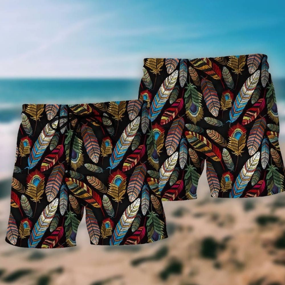 Colorful Native Feather Artistic Beach Shorts Design View For Comfortable Resort And Beach Styling
