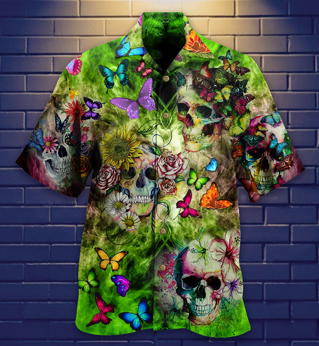 Skull Butterfly Hawaiian Shirt Pattern View For Lightweight Everyday Style