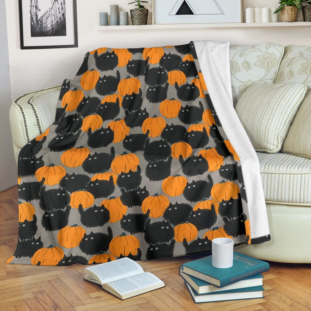 Halloween Pumpkin Black Cat Flannel Blanket For Cozy Bedroom Sofa Decor