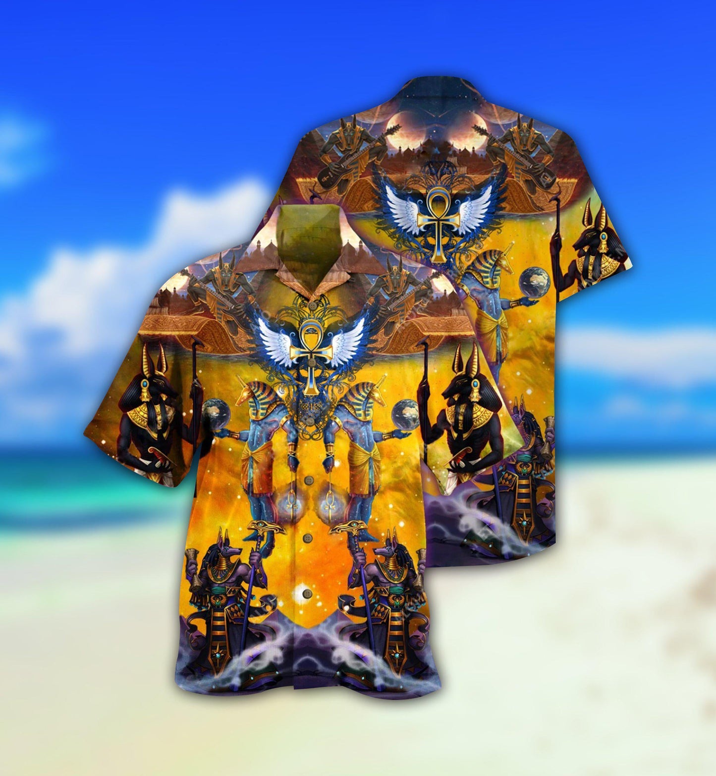 Vintage Gold Ancient Egyptian Hawaiian Shirt With All Over Print For Tropical Escapes Resort Wear And Outdoor Celebrations