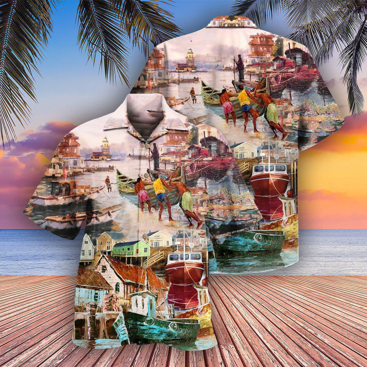 Harbor Morning Landscape Hawaiian Shirt With All Over Print For Summer Vacation Beach Travel And Casual Wear