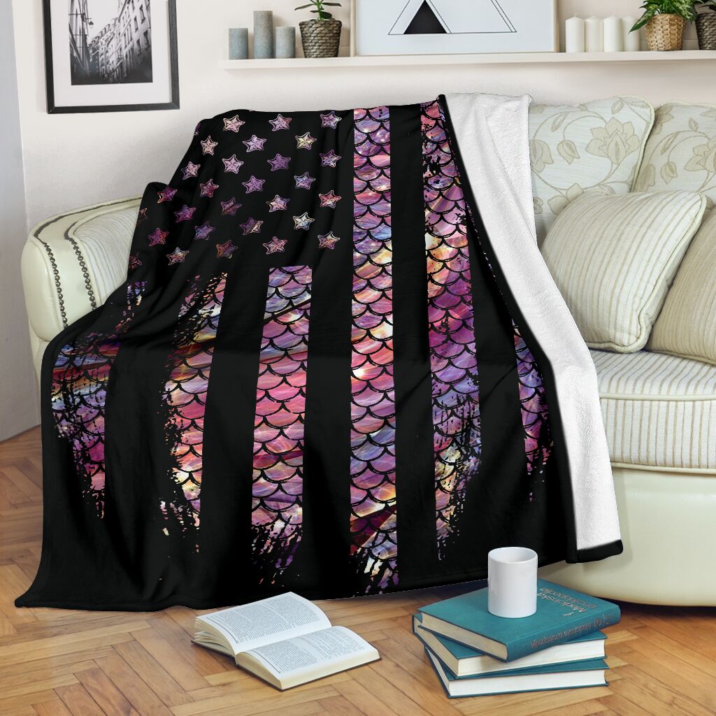 Mermaid Scales American Flag Flannel Blanket For Cozy Bedroom Sofa Decor