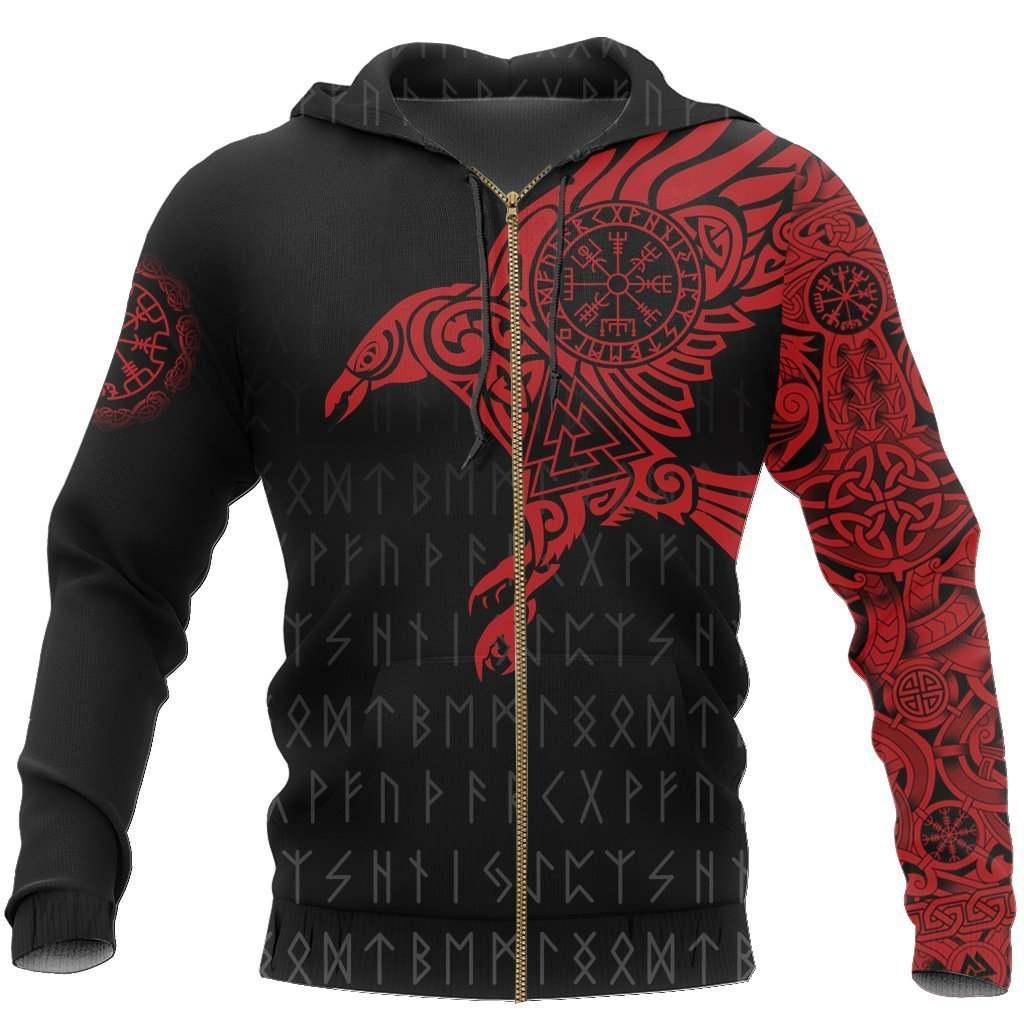 Red Viking Raven Odin Tattoo Hoodie For Norse Themed Outfits Weekend Travel And Relaxed Comfort