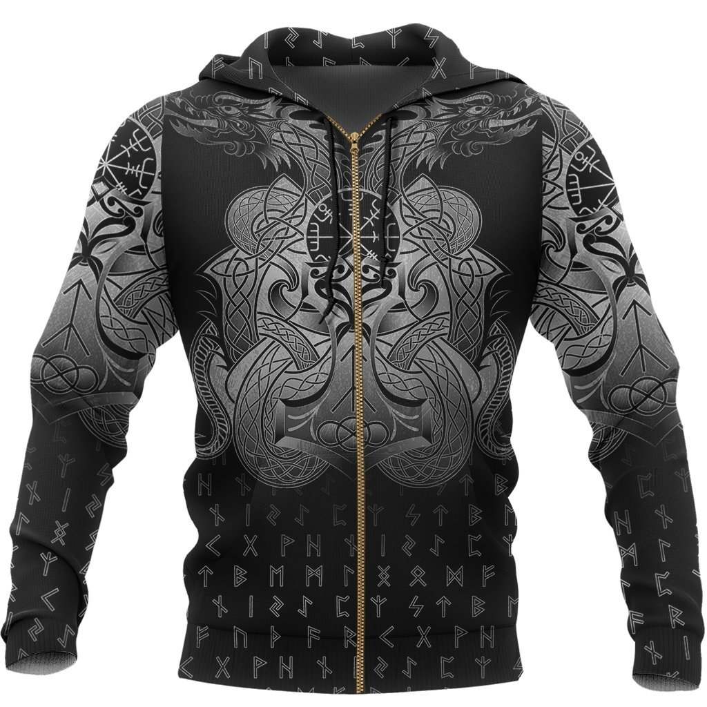 Vegvisir Mjolnir Dragon Norse Tattoo Hoodie For Norse Themed Outfits Weekend Travel And Relaxed Comfort