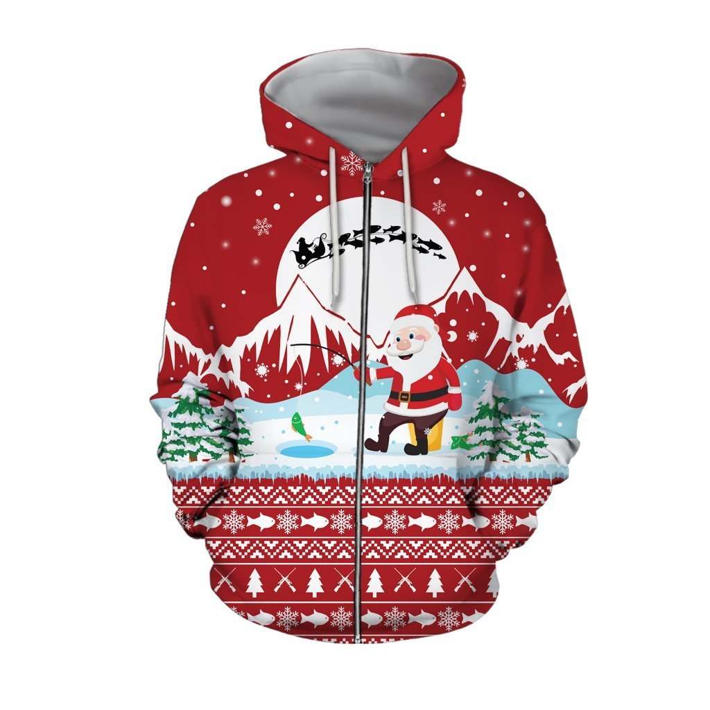 Red Santa Goes Fishing Christmas Hoodie For Festive Celebrations Seasonal Trips And Relaxed Winter Wear