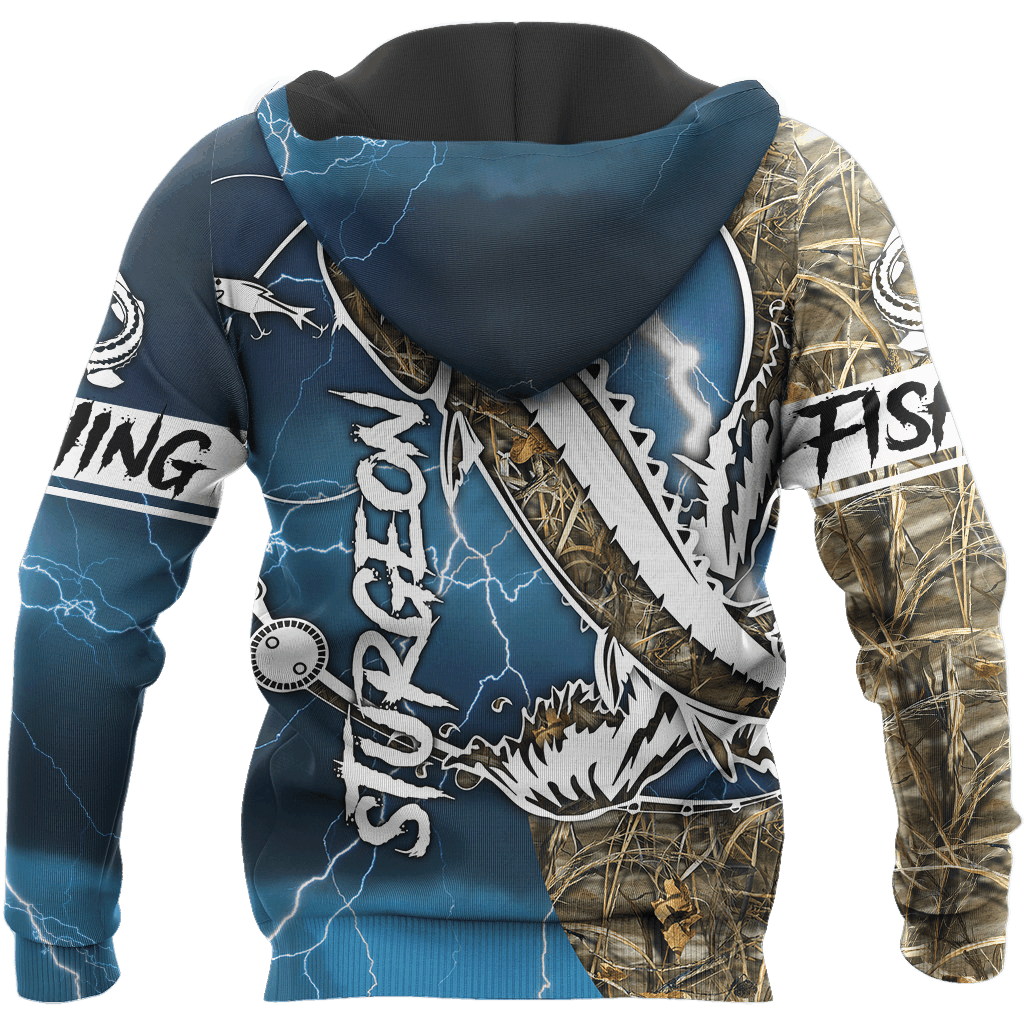 Blue Sturgeon Fishing Sport Camo Hoodie For Fishing Adventures Camping Travel And Casual Gift Ideas