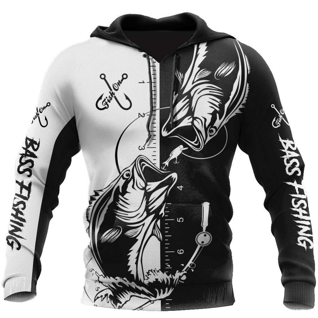Black White Bass Fishing Tattoo Hoodie For Angling Enthusiasts Travel Days And Relaxed Daily Wear