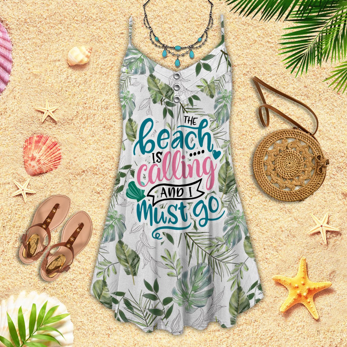 Beach Calling Must Go V-Neck Sleeveless Cami Dress For Ocean Lovers And Sunny Getaways