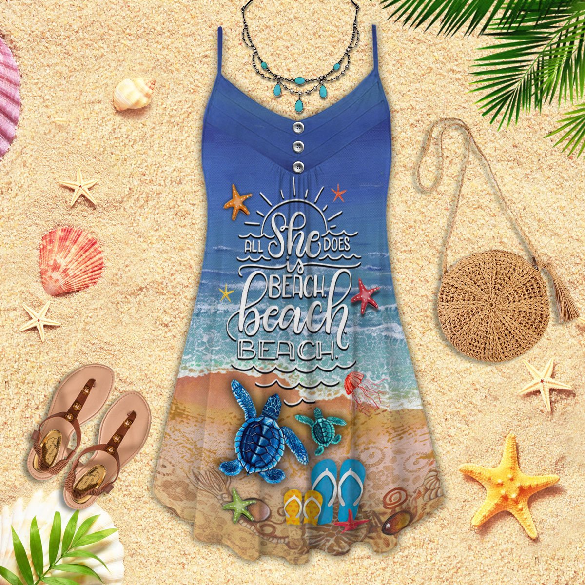 Beach All She Love Turtle V-Neck Sleeveless Cami Dress For Island Holidays And Thoughtful Gifting