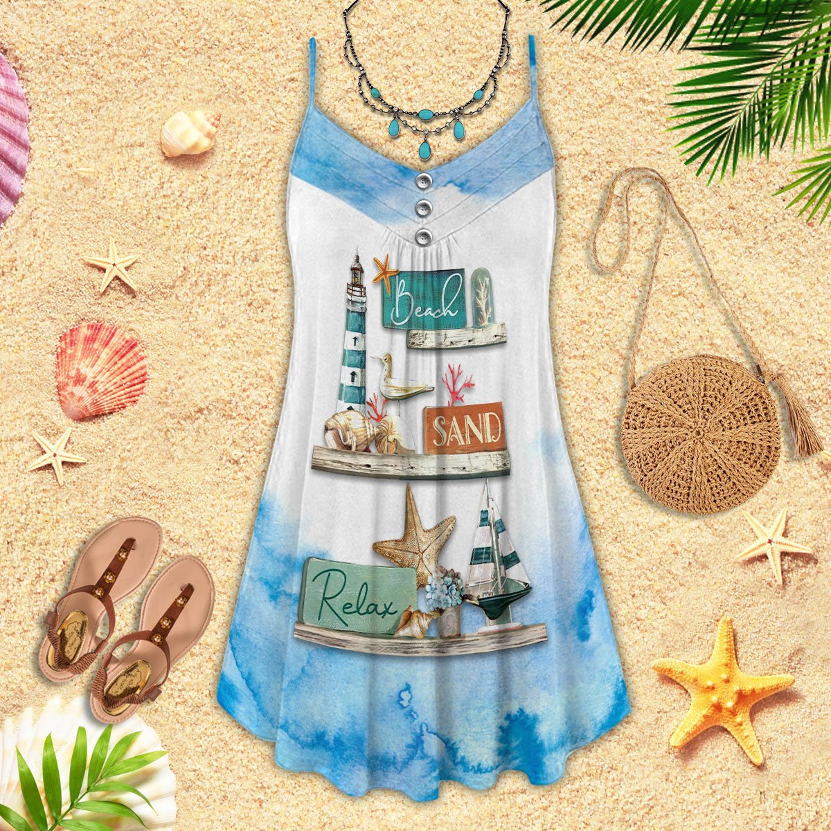 Beach Sand Relax V-Neck Sleeveless Cami Dress For Beach Trips And Resort Vacations
