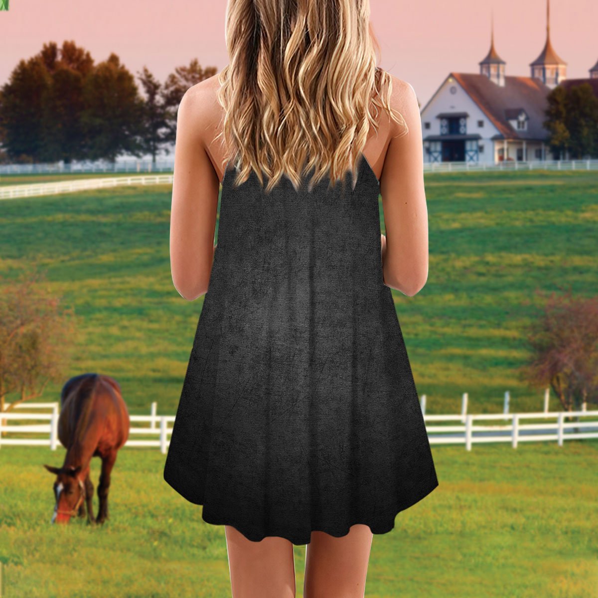 Black White Horse V-Neck Sleeveless Cami Dress For Outdoor Events And Thoughtful Gifting