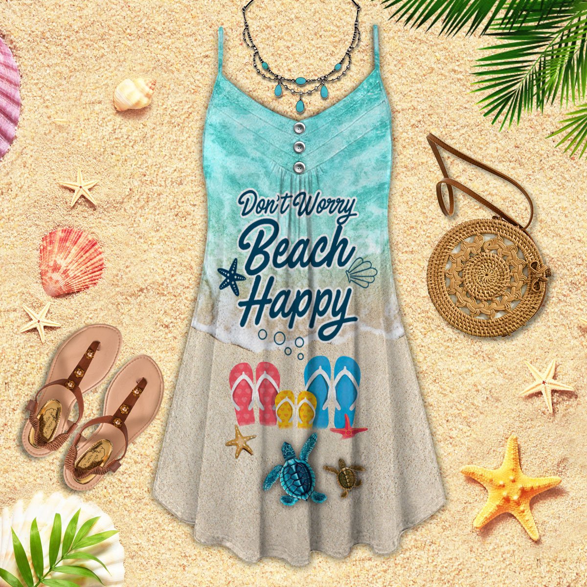 Beach Happy Dont Worry V-Neck Sleeveless Cami Dress For Ocean Lovers And Sunny Getaways