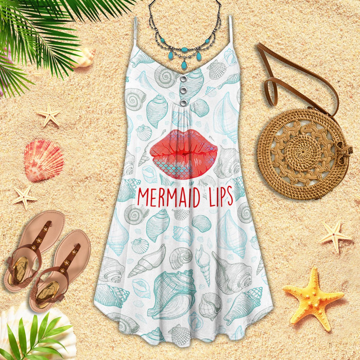 Mermaid Lips Beach V-Neck Sleeveless Cami Dress For Beach Festivals And Comfortable Summer Outfits
