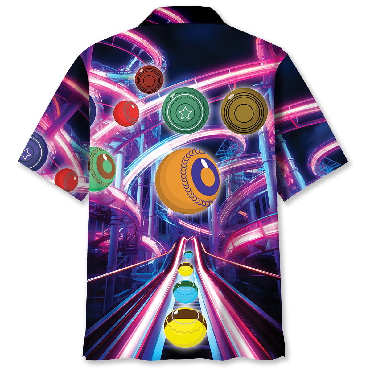 Neon Roller Coaster Lawn Bowl Hawaiian Shirt Pattern View For Relaxed Warm Weather Outfits