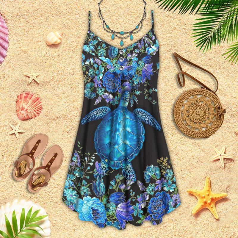 Vintage Turtle Is Beach Soul V-Neck Sleeveless Cami Dress For Beach Trips And Resort Vacations