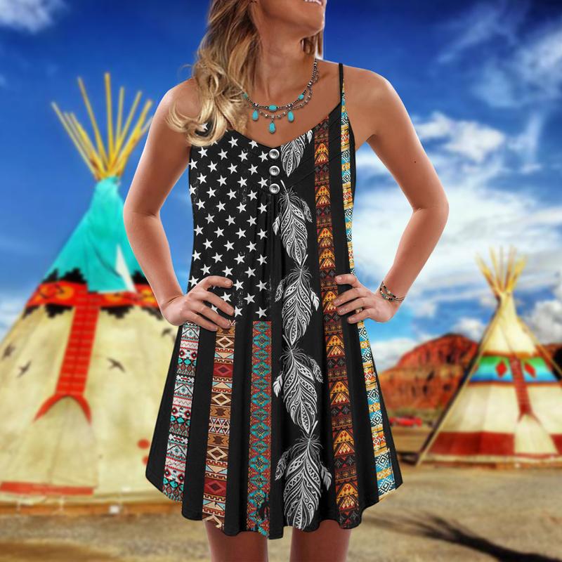 Native America V-Neck Sleeveless Cami Dress For Summer Celebrations And Casual Holiday Wear