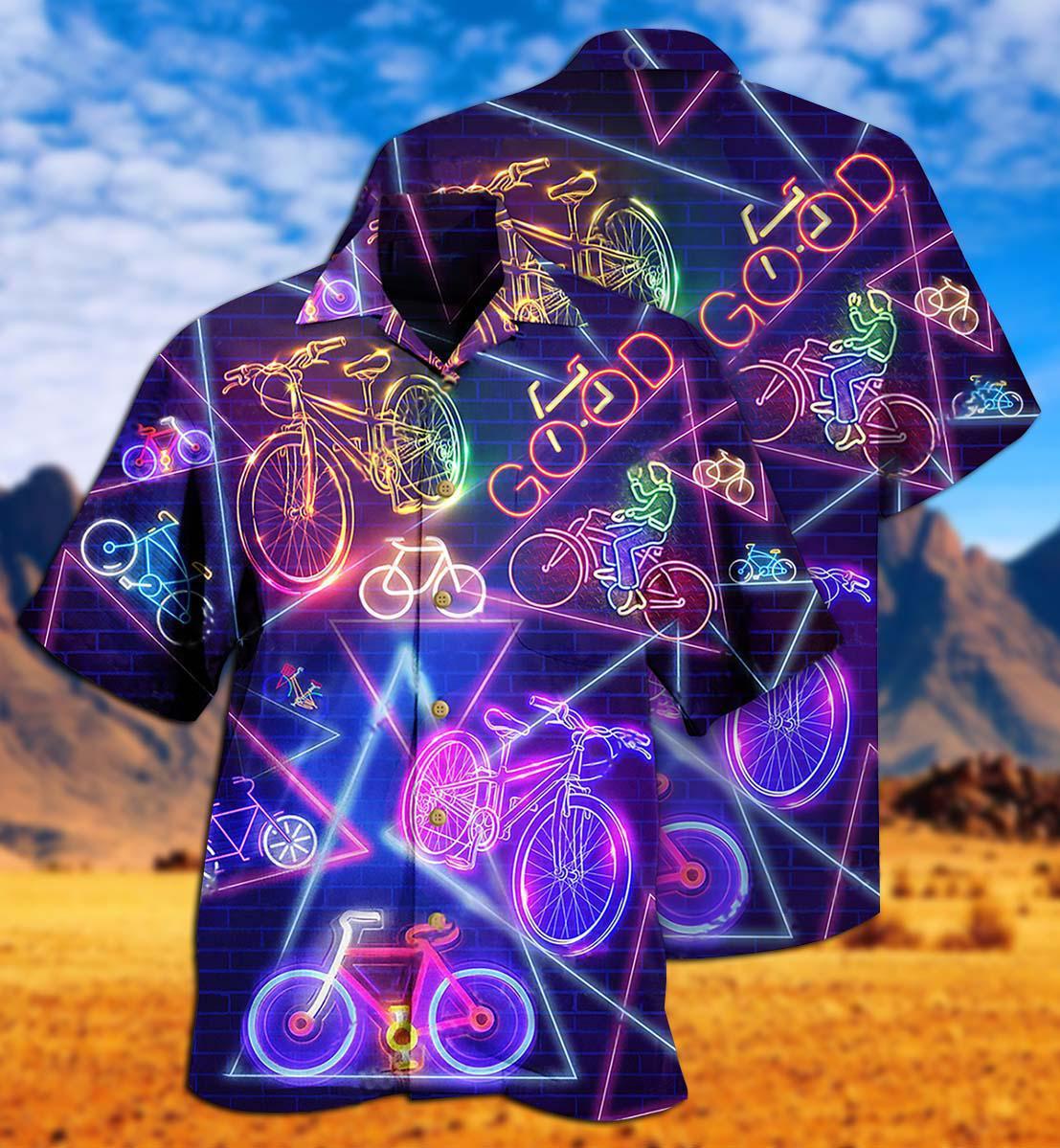 Neon Purple Bicycle Hawaiian Shirt Artwork Detail For Resort Trips And Outdoor Activities