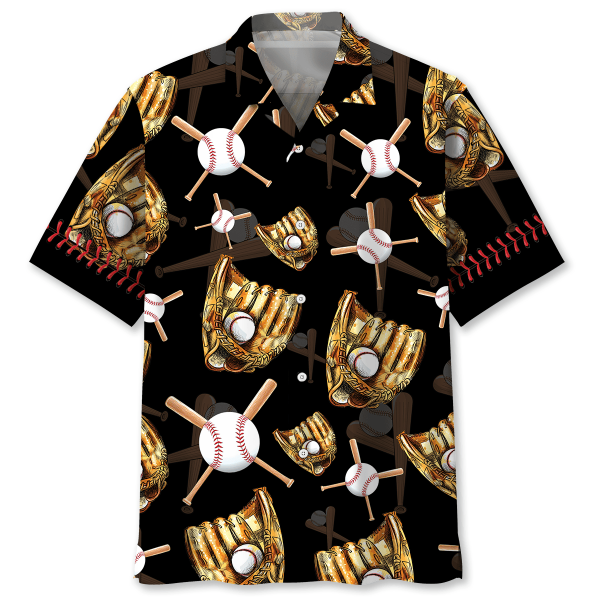 Black Vintage Retro Baseball Gloves Hawaiian Shirt Artwork Detail For Tropical Trips And Casual Outings