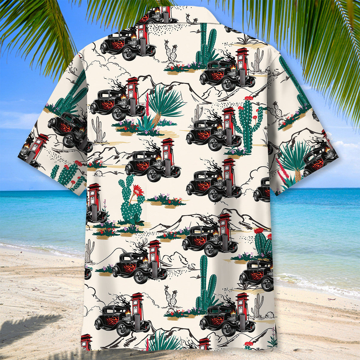 Historic Retro Desert Hot Rod Racing Highway Hawaiian Shirt Artwork Detail For Tropical Trips And Casual Outings