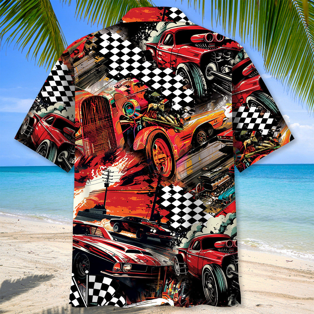Retro Red Drag Racing Hawaiian Shirt Artwork Detail For Resort Trips And Outdoor Activities