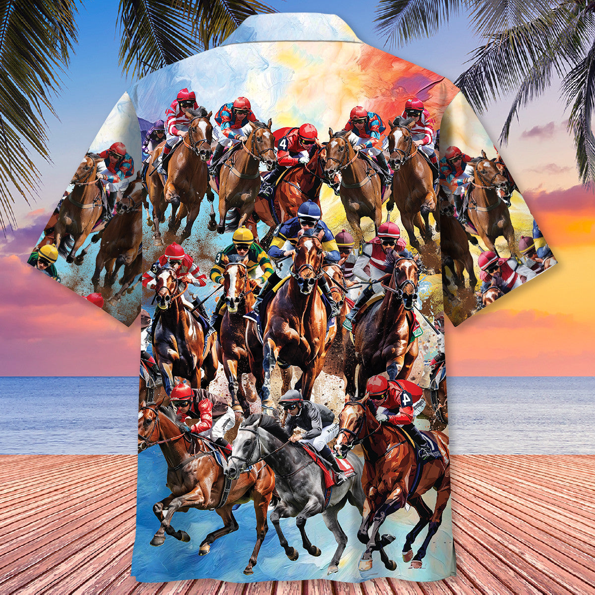 Vintage Classic Horse Racing Hawaiian Shirt For Beach Parties And Weekend Getaways