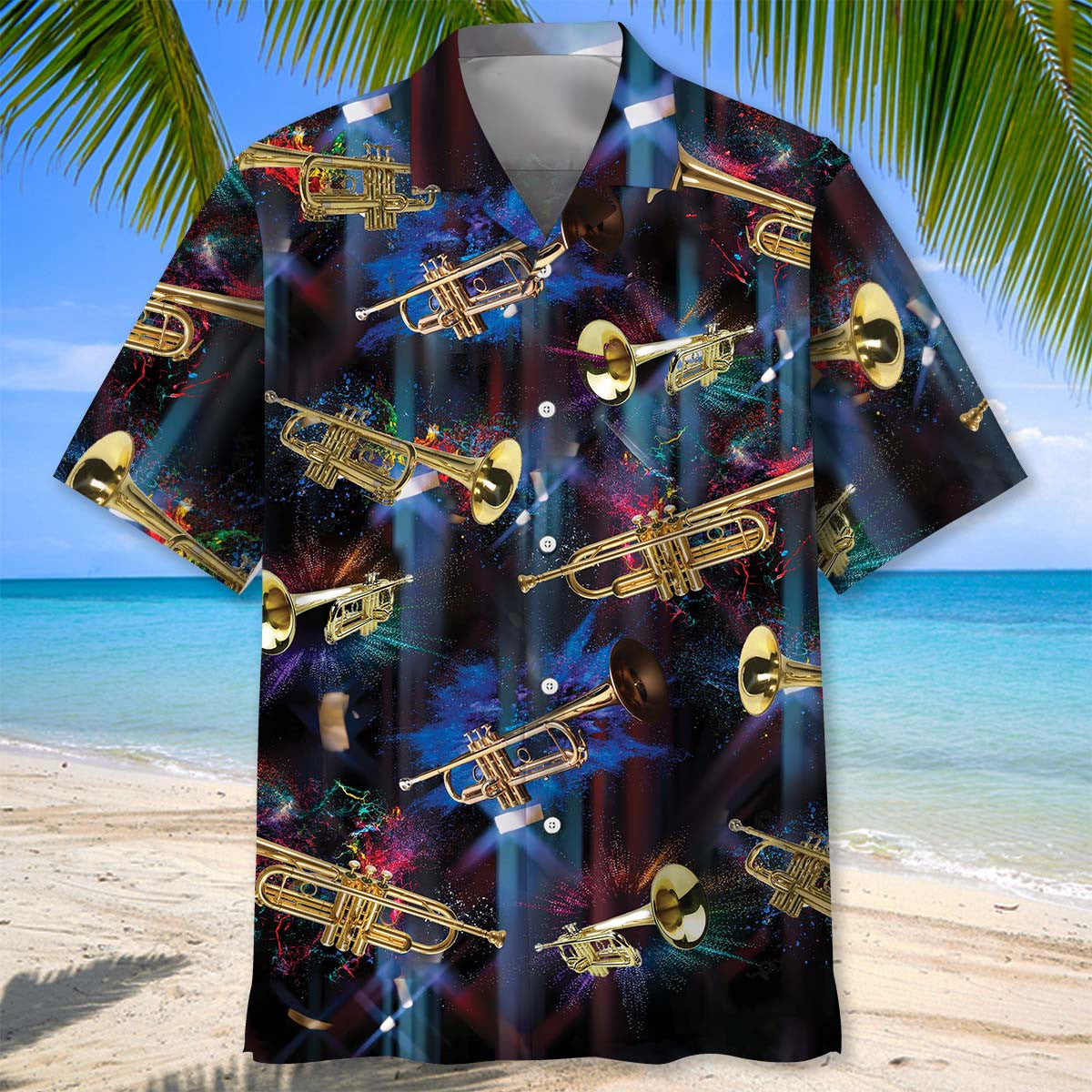 Jazz Trumpet Light Music Hawaiian Shirt Pattern Detail For Vacation Travel And Daily Wear