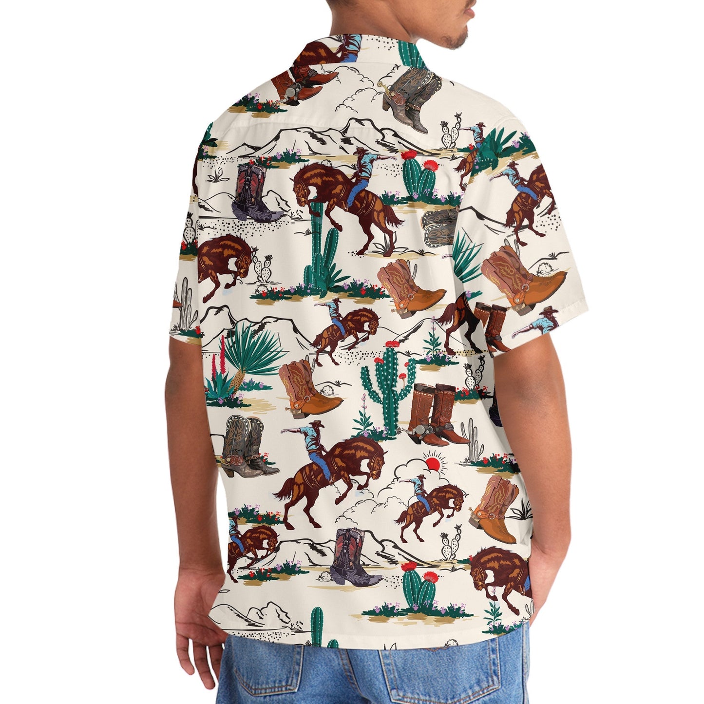 Western Desert Cowboy Hawaiian Shirt Pattern Detail For Vacation Travel And Daily Wear