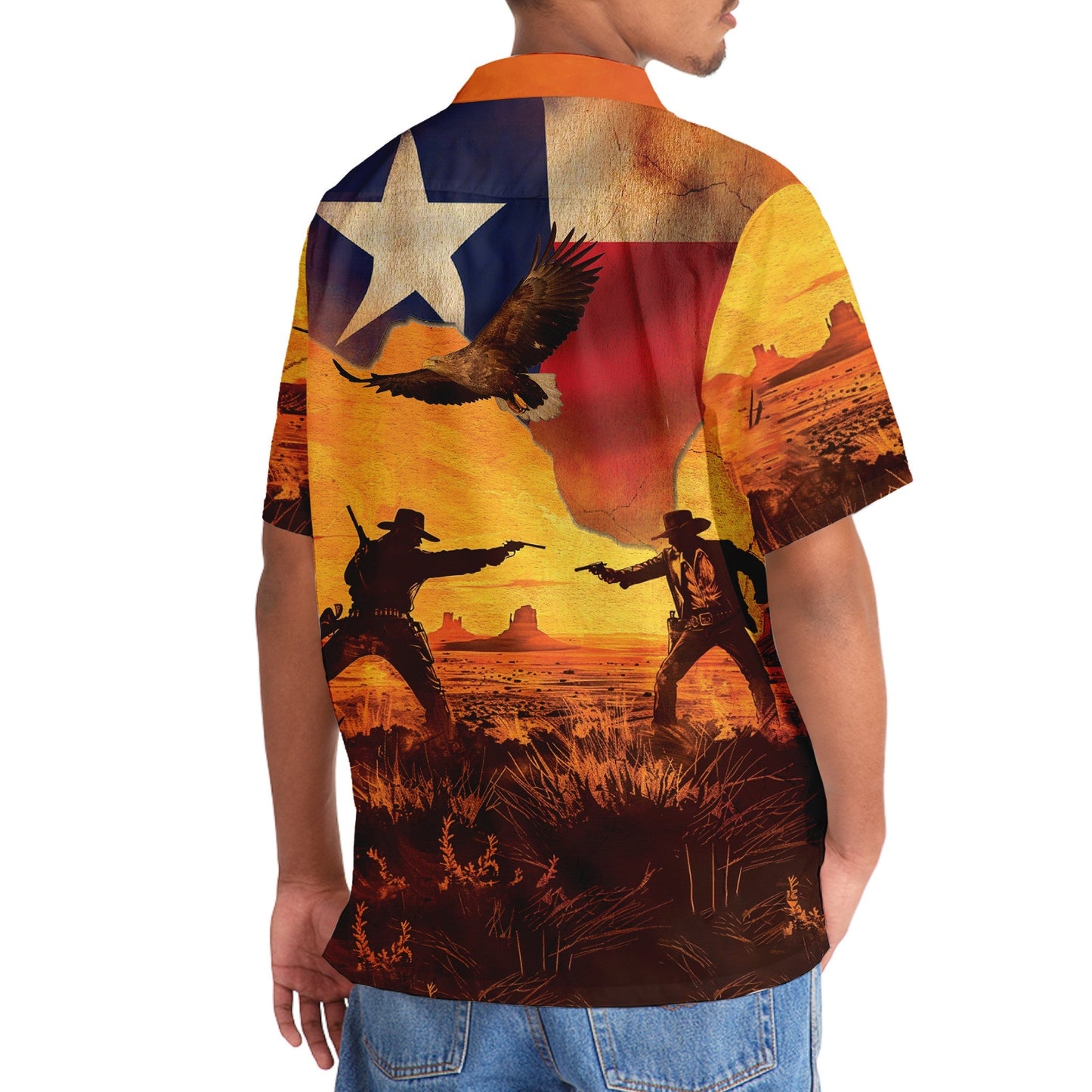 Western Desert Cowboy Duel Hawaiian Shirt Pattern View For Relaxed Warm Weather Outfits