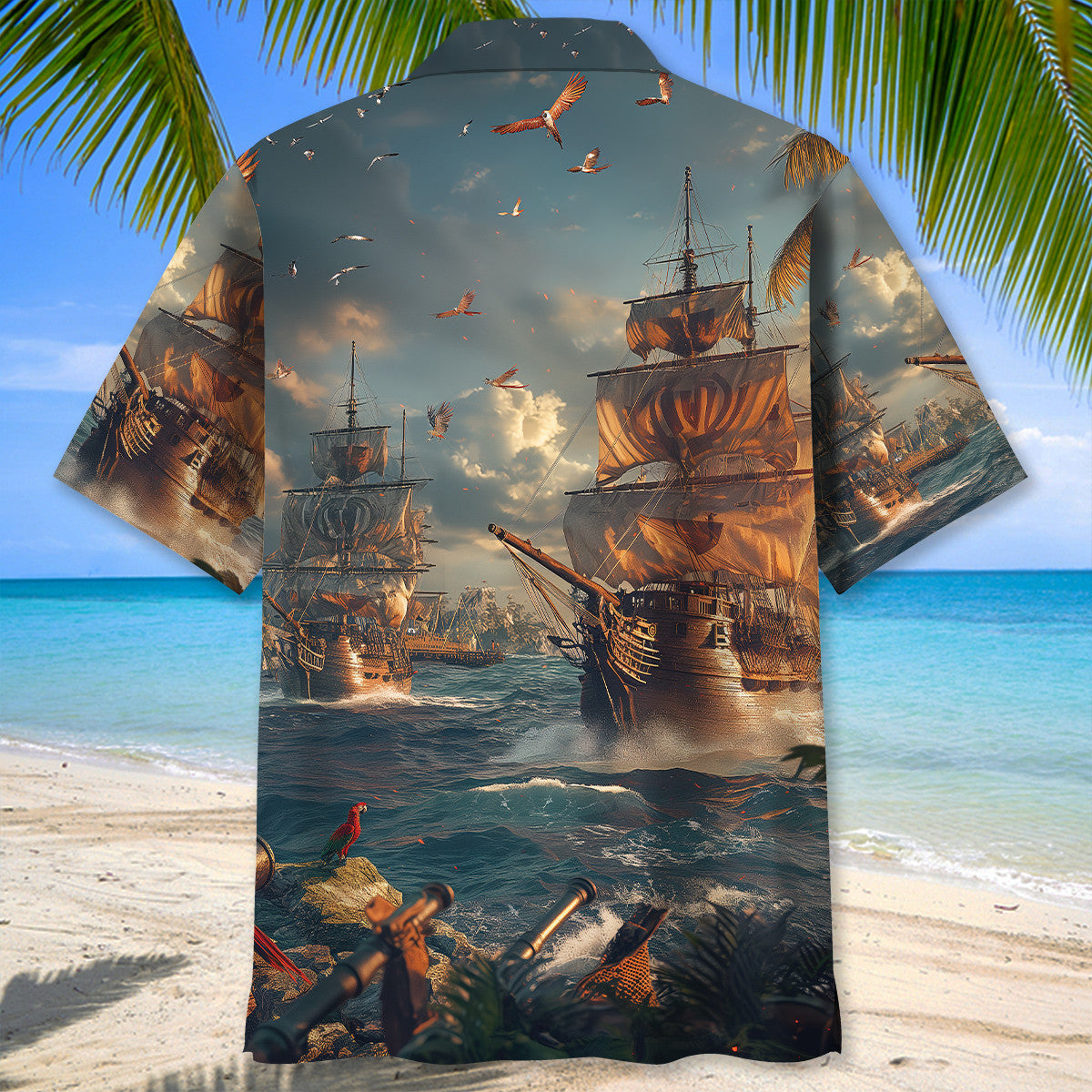 Vintage Sailboat Nautical Pirate Ocean Hawaiian Shirt Design Detail For Beach Days And Holiday Travel