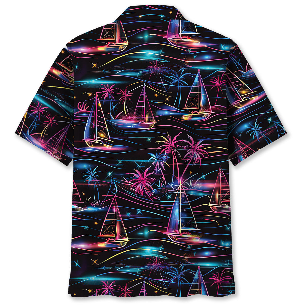 Neon Tropical Sailboat Sunset Hawaiian Shirt Design Detail For Sunny Adventures And Casual Wear