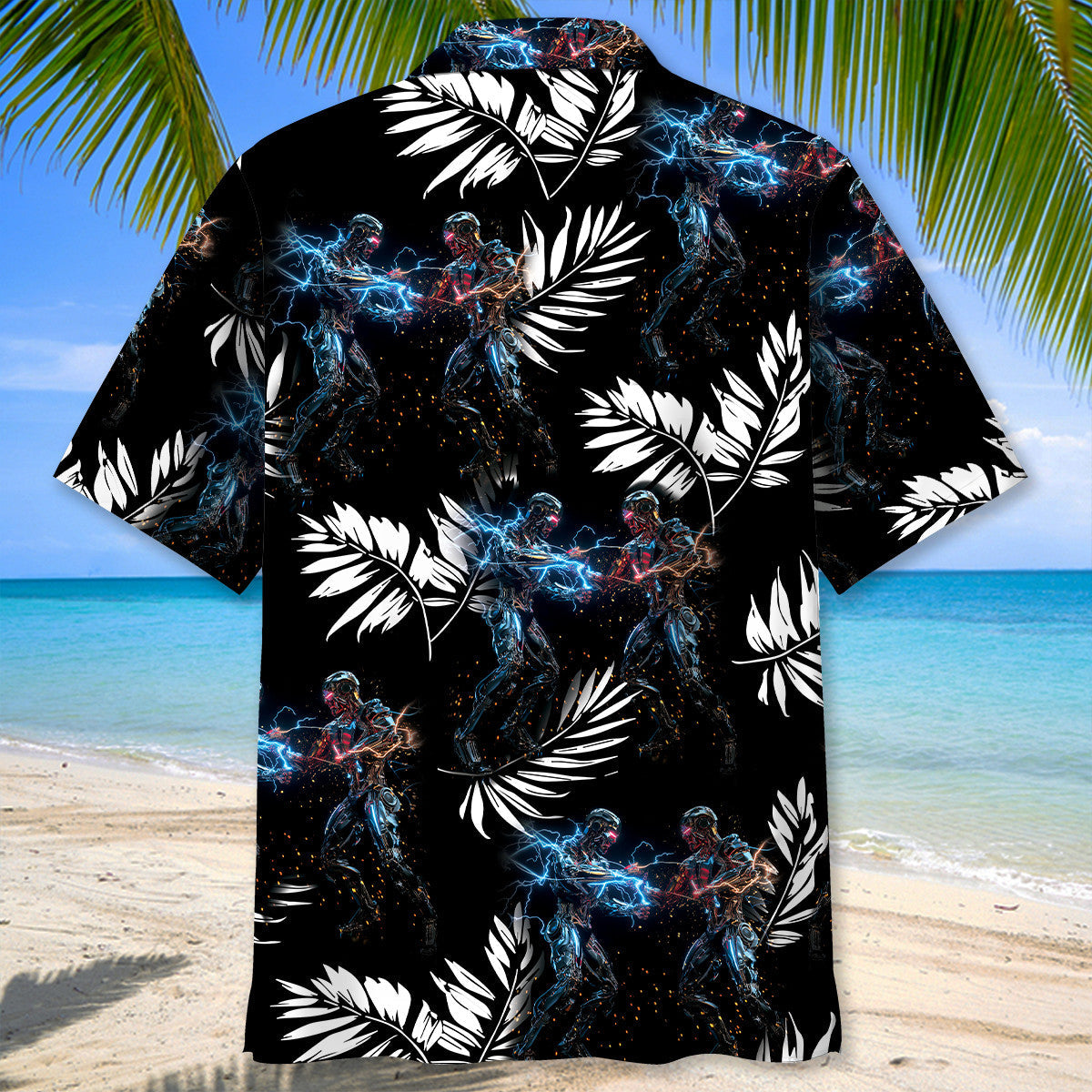 Floral Tropical Robotic Fusion Hawaiian Shirt Pattern Detail For Vacation Travel And Daily Wear