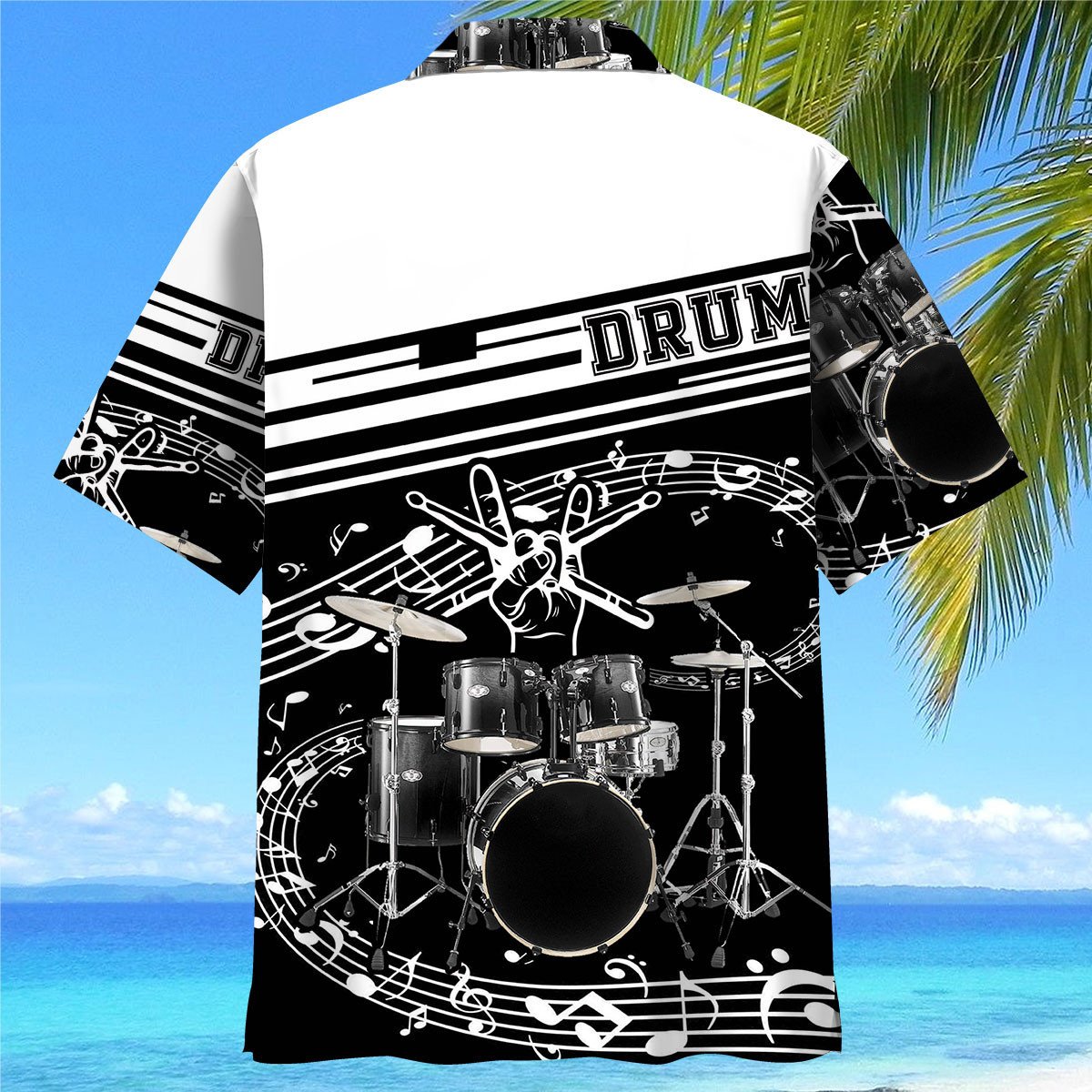 Black White Drum Hawaiian Shirt Artwork Detail For Tropical Trips And Casual Outings