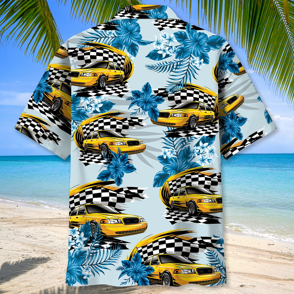 Yellow Car New York Taxi Racing Hawaiian Shirt Artwork Detail For Resort Trips And Outdoor Activities