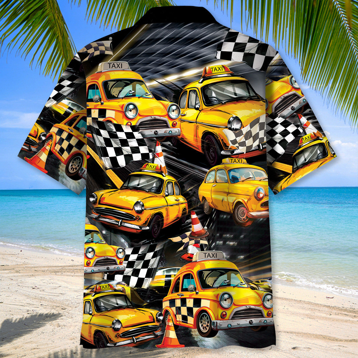 Yellow Car Drag Racing Taxi Street Hawaiian Shirt Design Detail For Beach Days And Holiday Travel