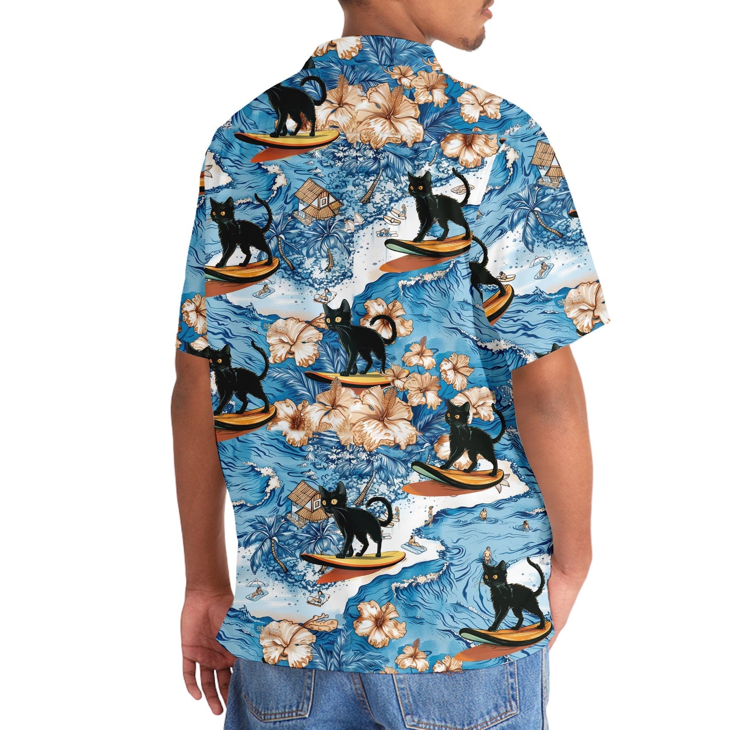Black Tropical Cat Surfing Hawaiian Shirt Artwork Detail For Resort Trips And Outdoor Activities