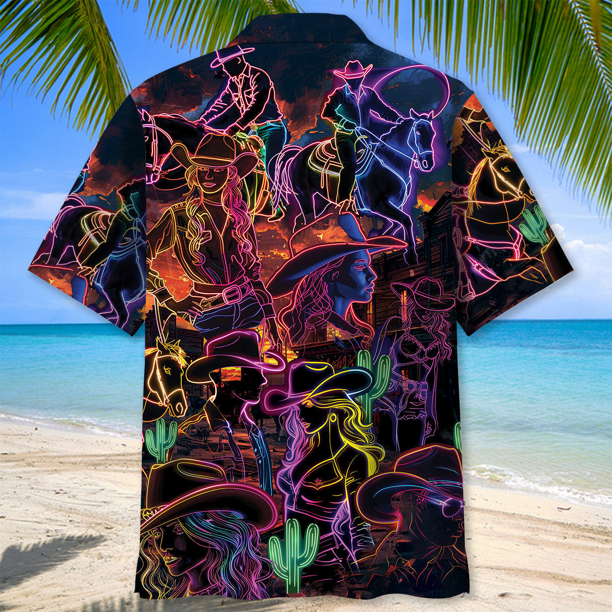 Neon Vintage Retro Cowboy Hawaiian Shirt For Coastal Adventures And Warm Weather Wear