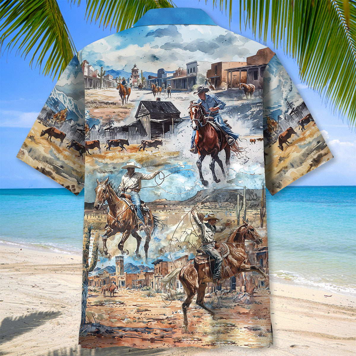 Vintage Cowboy Pocket Hawaiian Shirt Artwork View For Coastal Escapes And Resort Style