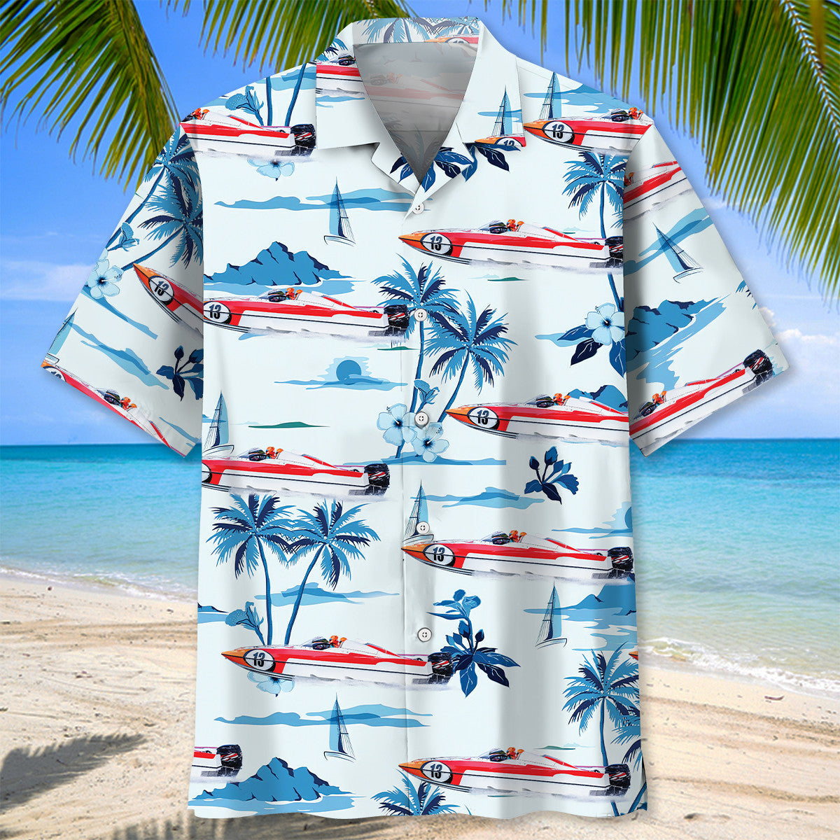 Tropical Boat Racing Coastal Hawaiian Shirt Design View For Casual Summer Styling
