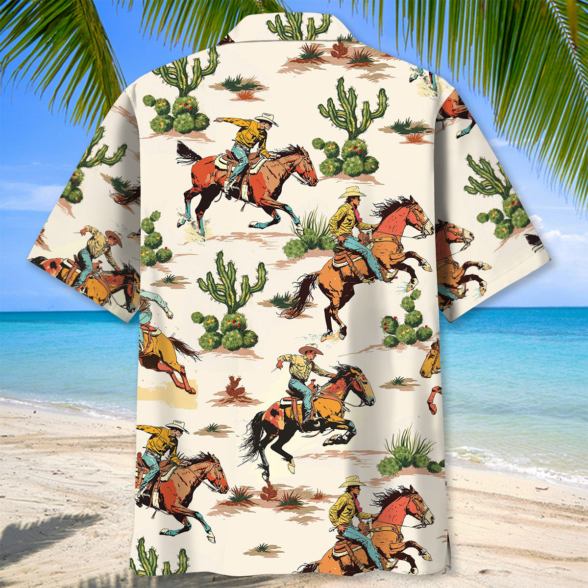 Western Desert Cowboy Bucking Hawaiian Shirt Pattern Detail For Vacation Travel And Daily Wear