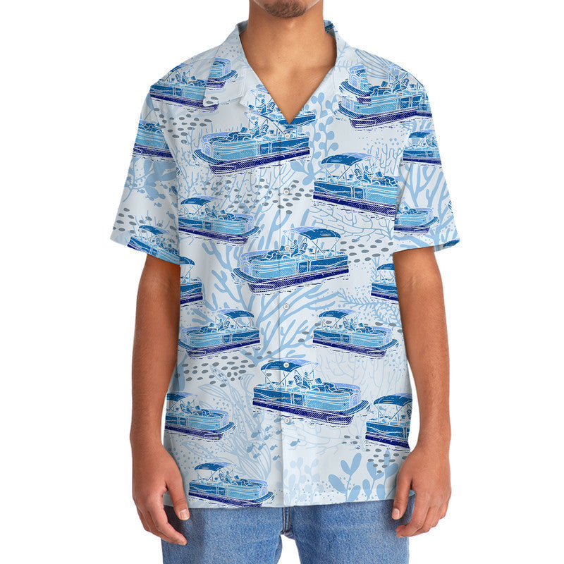 Blue Boat Pontoon Coastal Hawaiian Shirt For Beach Parties And Weekend Getaways