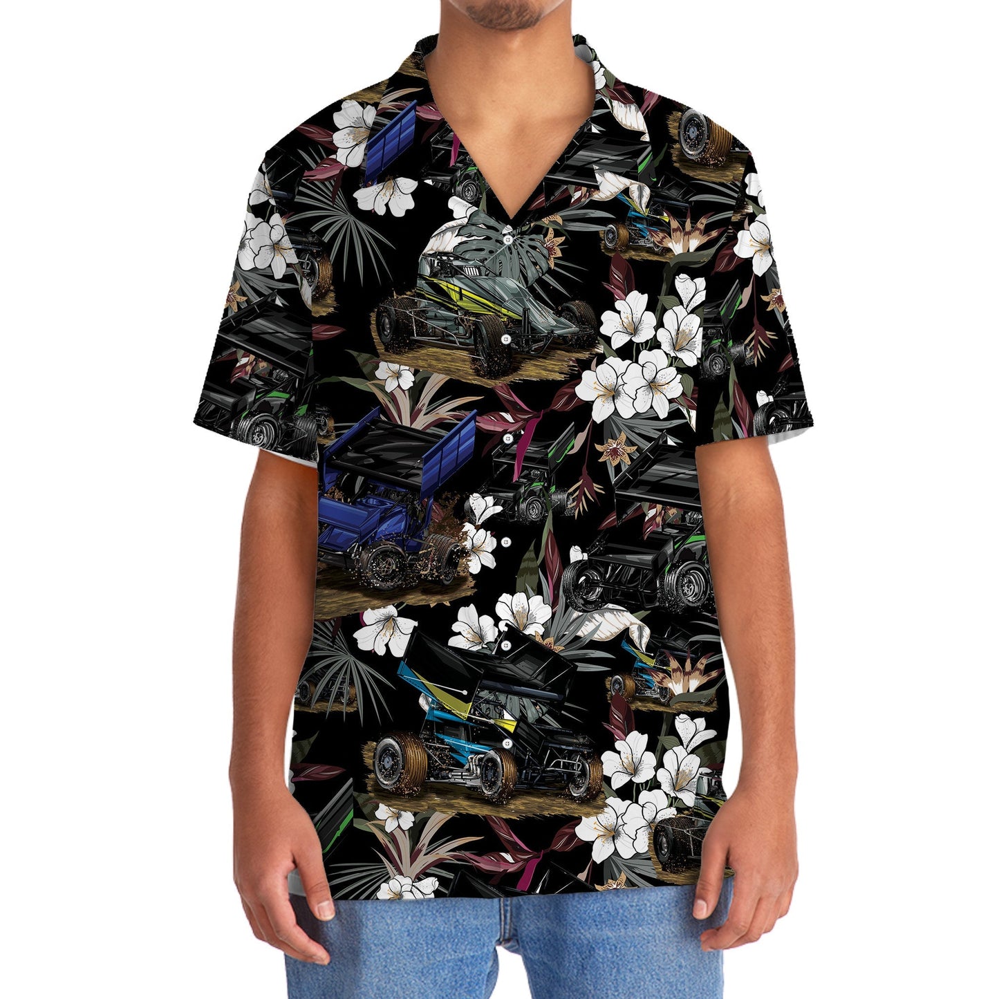 Black Car Sprint Racing Hawaiian Shirt Artwork Detail For Resort Trips And Outdoor Activities