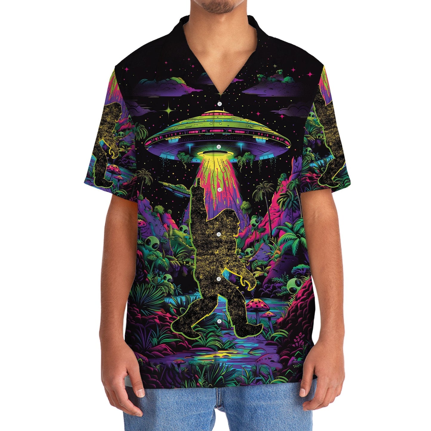 Alien Forest Creature Night Hawaiian Shirt Artwork View For Weekend Travel And Beach Style