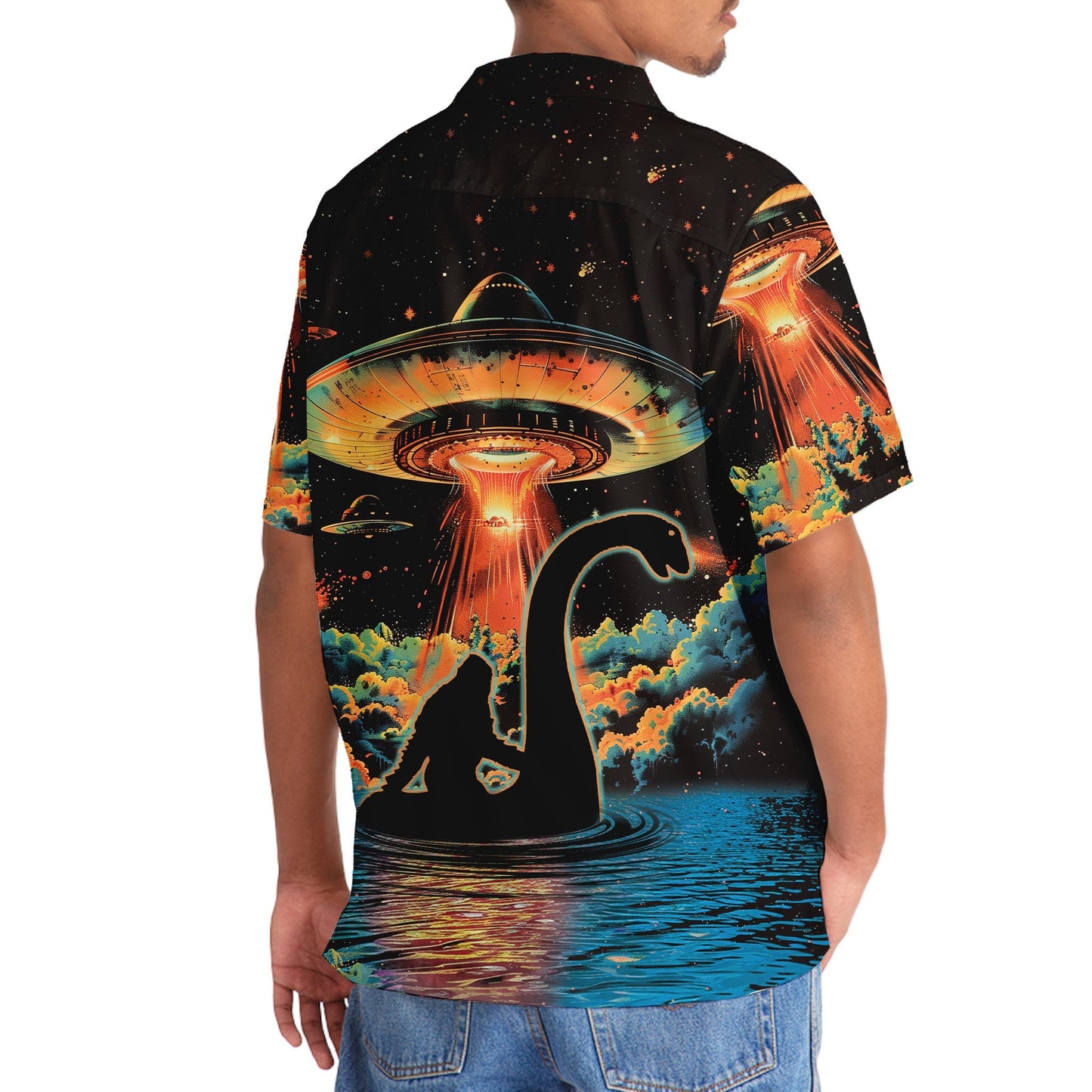 Forest Creature Nessie Ufo Adventure Hawaiian Shirt Artwork View For Coastal Escapes And Resort Style