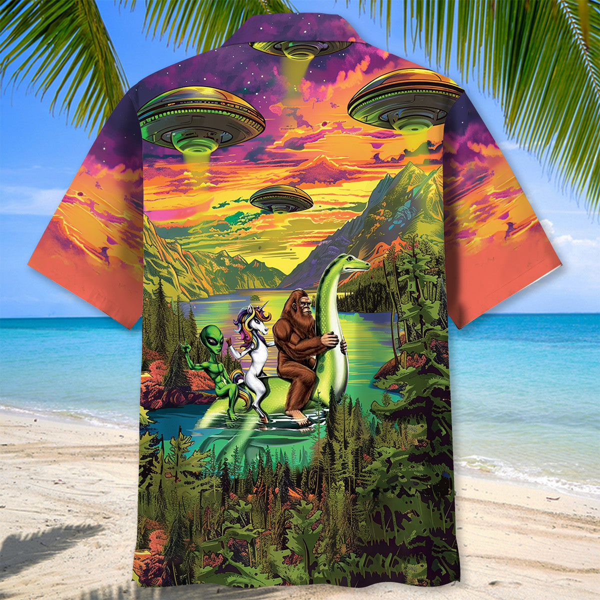 Alien Forest Creature Riding Nessie Adventure Hawaiian Shirt For Coastal Adventures And Warm Weather Wear