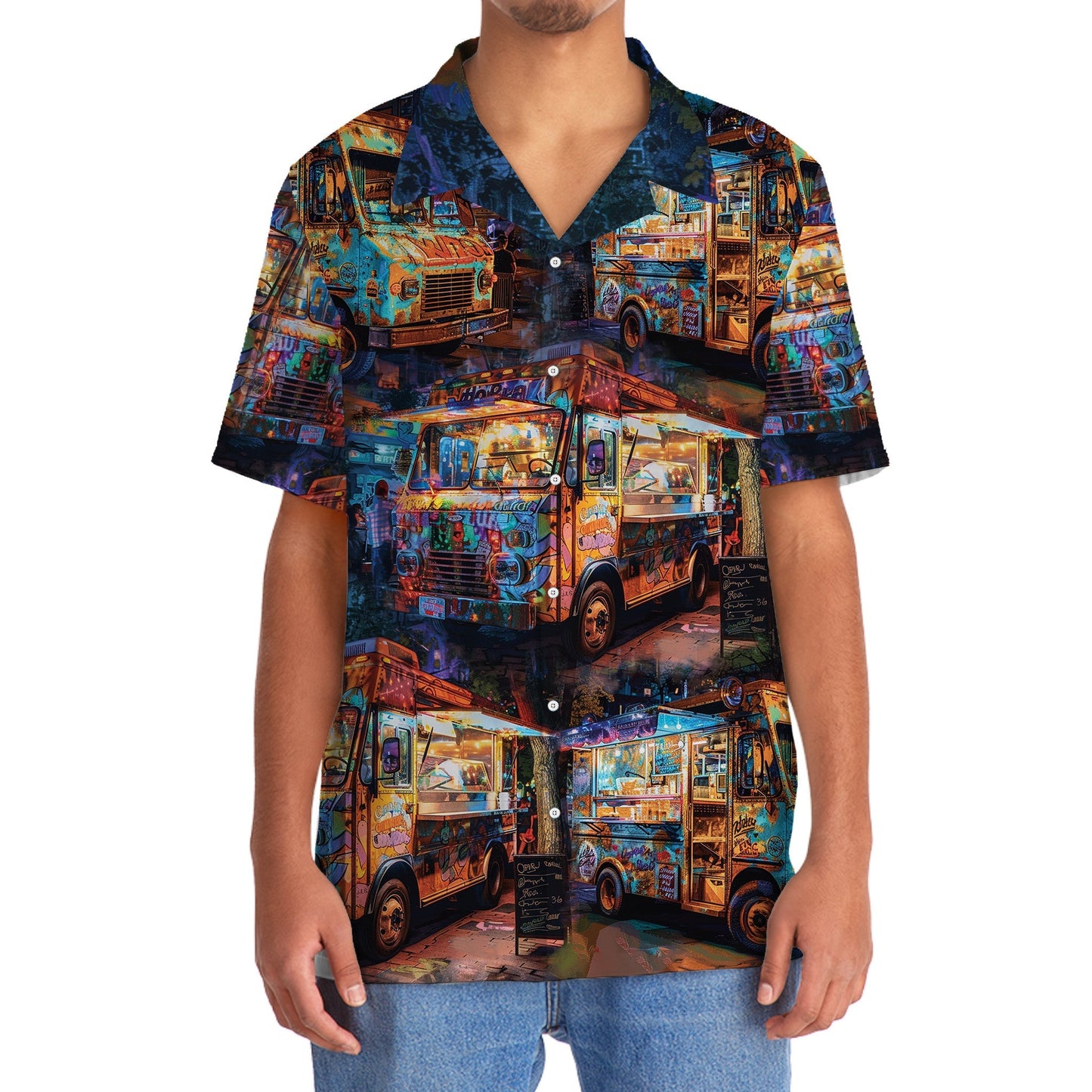 Vintage Retro Truck Street Food Hawaiian Shirt Pattern View For Relaxed Warm Weather Outfits