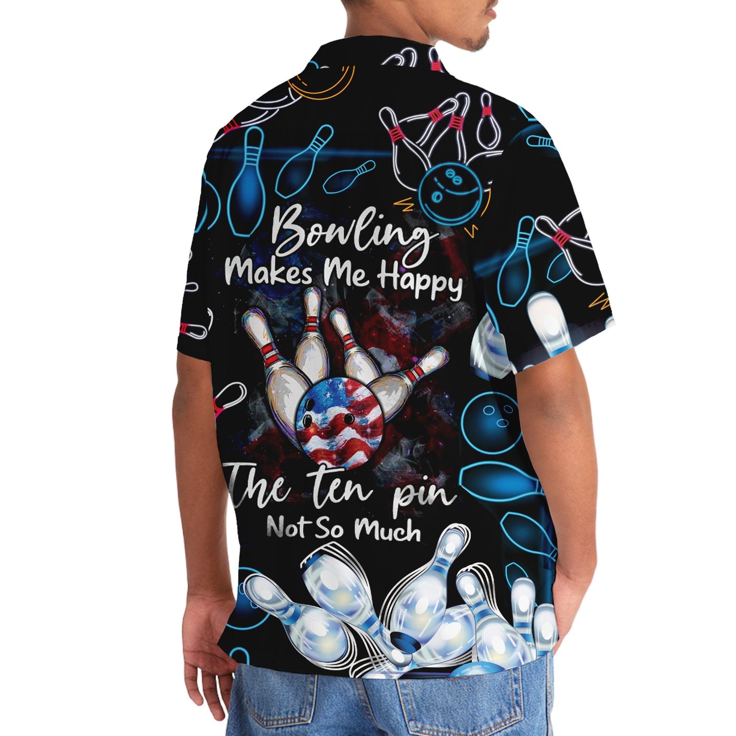 Happy Bowling Ten Pin Hawaiian Shirt Pattern Detail For Vacation Travel And Daily Wear