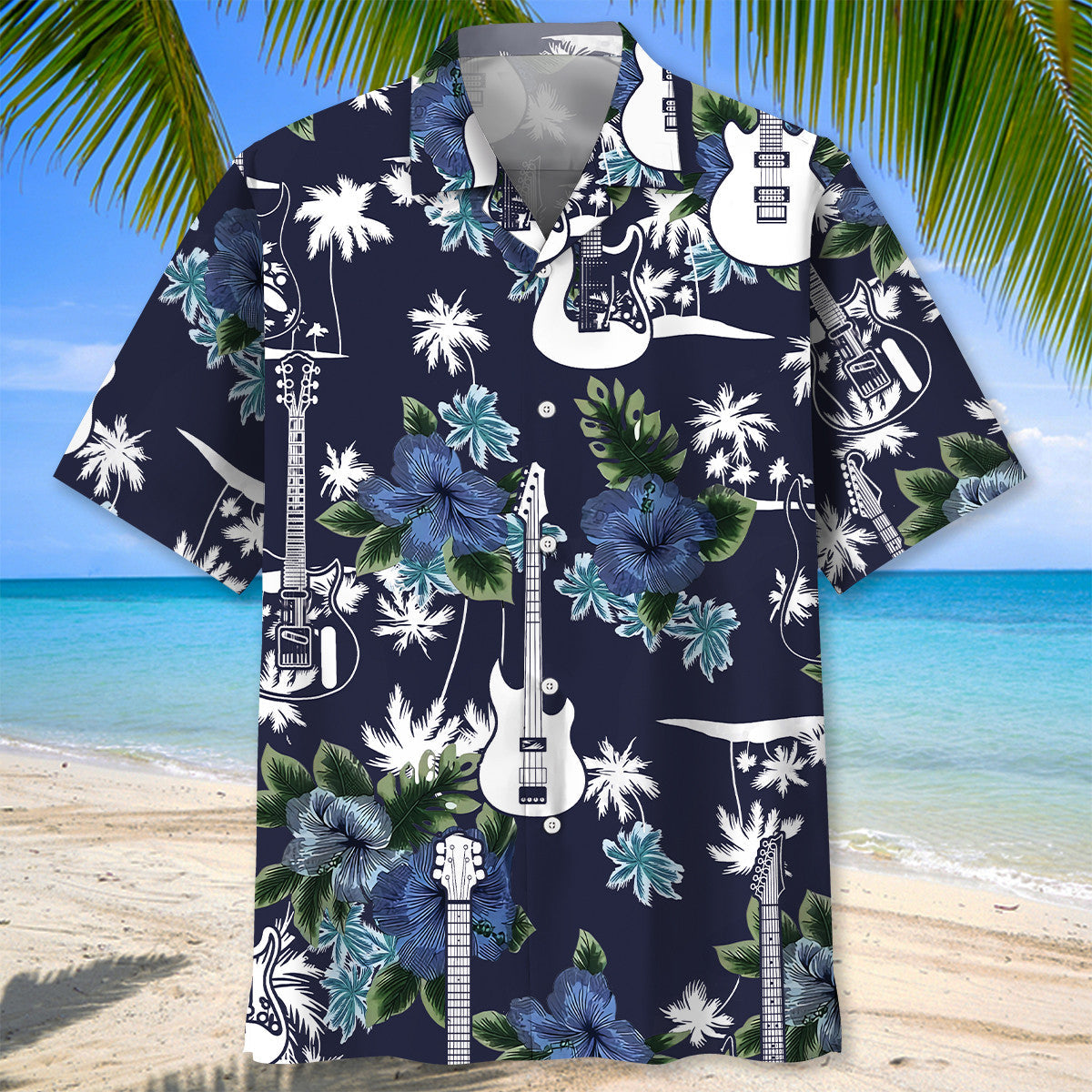 Blue Guitar Nature Adventure Hawaiian Shirt Pattern View For Relaxed Warm Weather Outfits