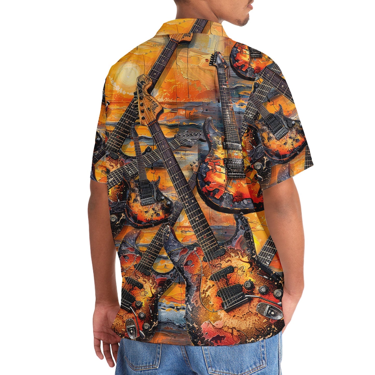 Electric Guitar Sunset Hawaiian Shirt Pattern Detail For Summer Holidays And Outdoor Fun